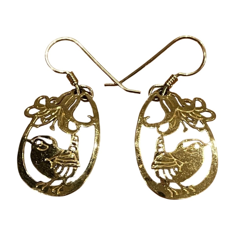 WB Gold Tone Bird and Floral Cutout Oval‎ Drop Dangle Earrings Nature Theme